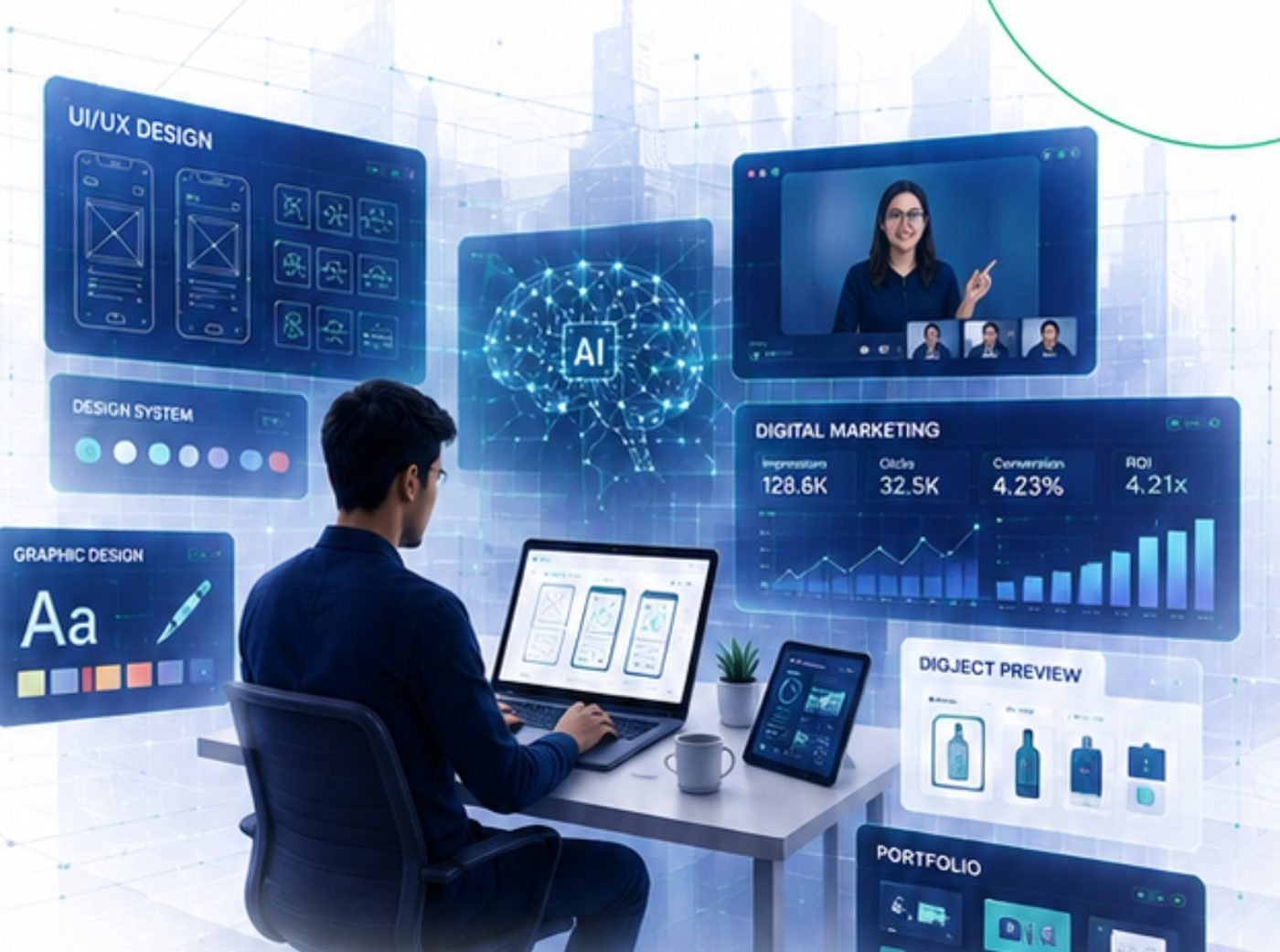 A Growvia learner working across design, marketing and AI tools